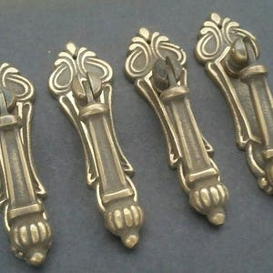 4 x Antique Vintage style Brass Ornate Pull Handles 3-1/4" long Victorian Teardrop #H7