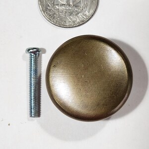 May include: A gold-toned round cabinet knob with a brushed finish and a matching screw.