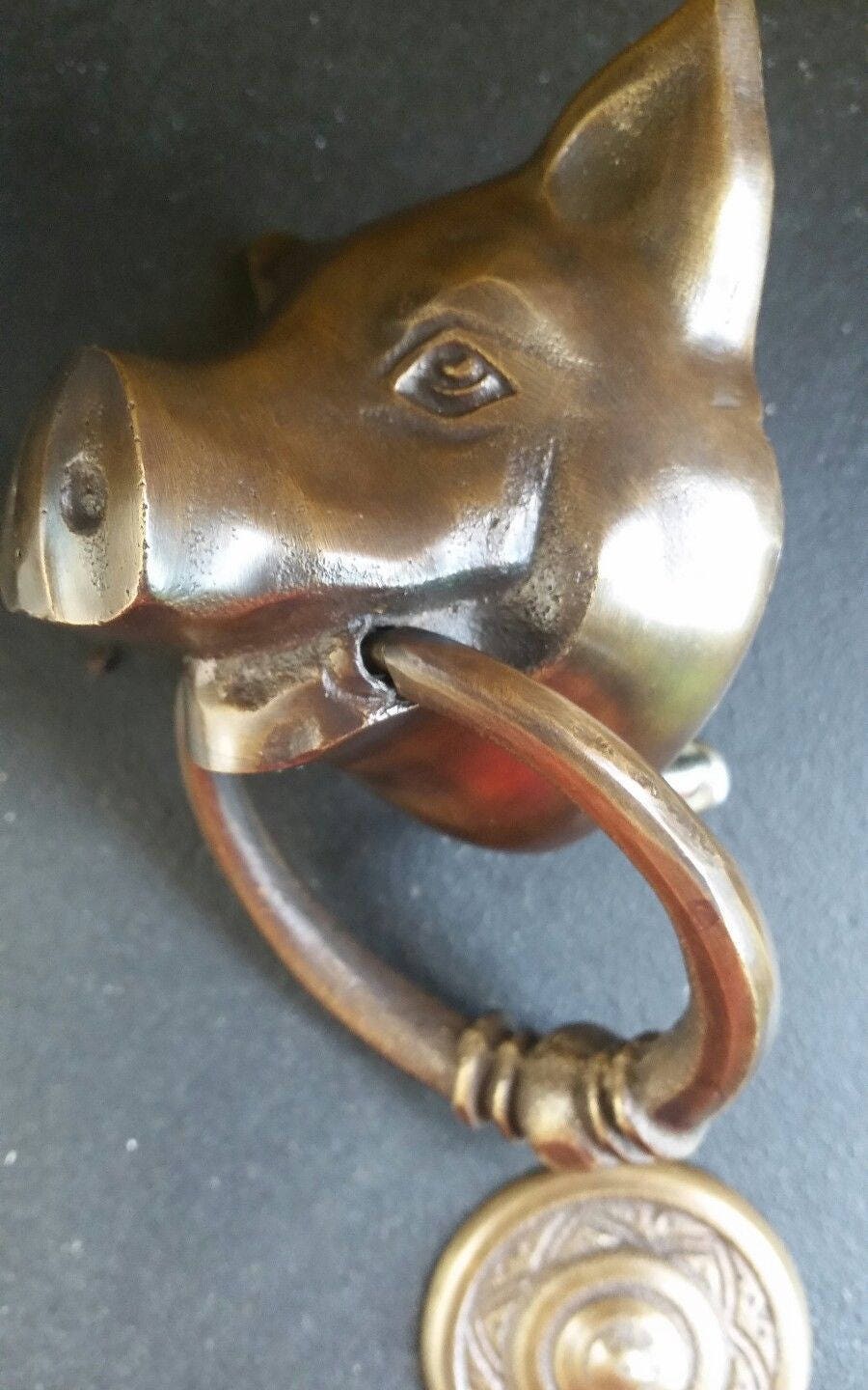 Hardwarefinds Solid Tarnished Brass Pig Head Door Knocker – 6 Inches, Antique
