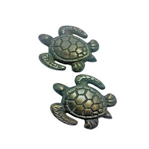 May include: Two small, bronze-coloured turtle figurines. The turtles have detailed shells and are facing the same direction.