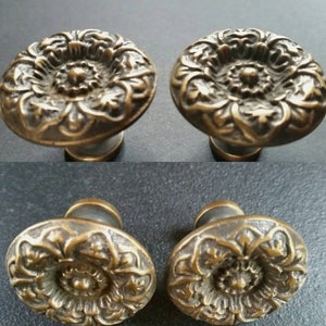 4 x Antique Style Solid Brass  Decorative ROUND KNOBS Ornate FLORAL Classic design 1-1/4" dia. #K25