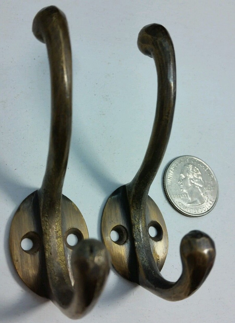 2 Solid Antique Brass Double Coat Hooks w. Oval Backplate Etsy