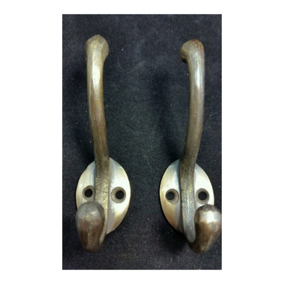 2 X Solid Antique Brass Double Coat Hooks W. Oval Backplate 3 X 2