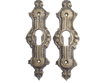 2 x Antique ,Brass, Keyhole cover,French Escutcheons, Hardware,Doors and locks, Ornate  Keyhole,skeleton keys, 3 1/4".Unlaquered. #E20
