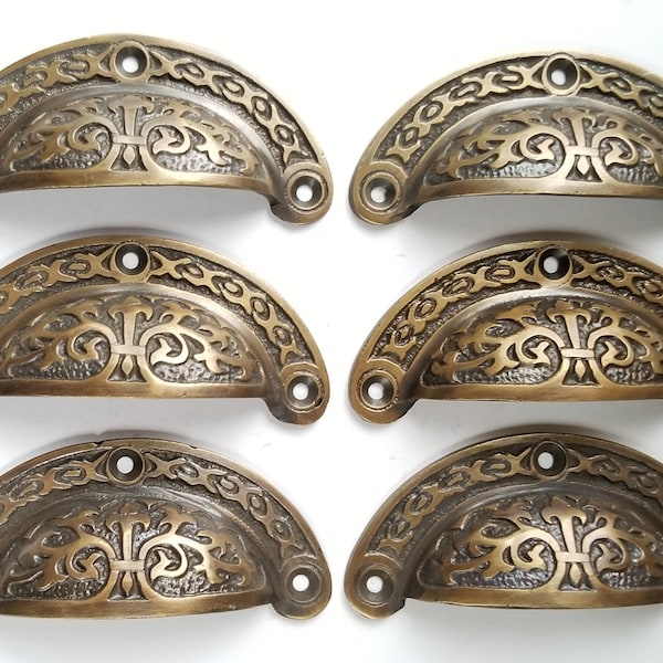 6 x Antique Vintage Victorian style brass apothecary bin pull handles 3-7/16"wide (3" centers) #A5
