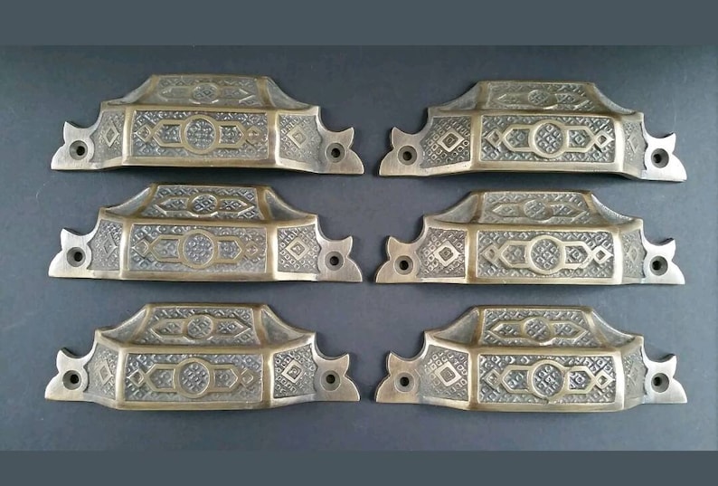 6 antique vintage brass Victorian Apothecary Bin Pull handles 4-916 #A6