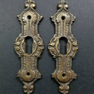 2 x Antique ,Brass, Keyhole cover,French Escutcheons, Hardware,Doors and locks, Ornate Keyhole,skeleton keys, 3 1/4 E20 画像 2