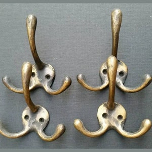 Set of 4 Antique Style Tarnished Solid Brass Triple Coat Hat Towel Hooks  Solid Brass Bathroom Kitchen Clothes, Coat Hook 3-3/8 Tall C2 