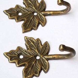 2 Maple Leaf Solid Brass Coat Hat Towel Hooks Rustic, Cabin Hooks approx 3 long C18 image 2