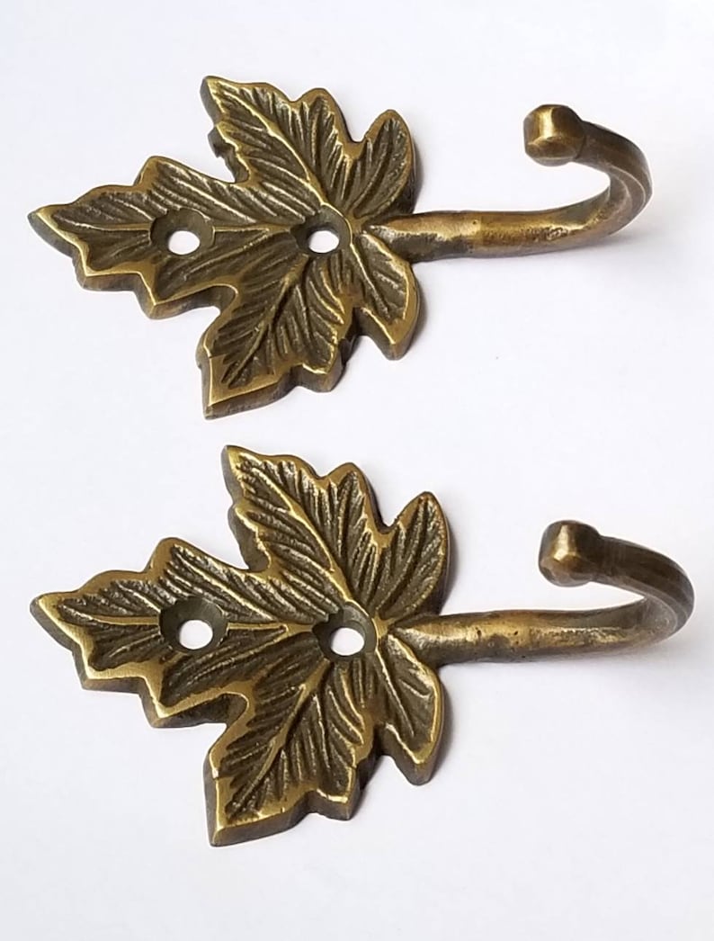 2 Maple Leaf Solid Brass Coat Hat Towel Hooks Rustic, Cabin Hooks approx 3 long C18 image 2