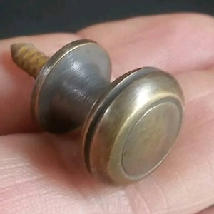 May include: A brass knob with a screw, featuring a round, slightly domed top with a raised ring around the edge.
