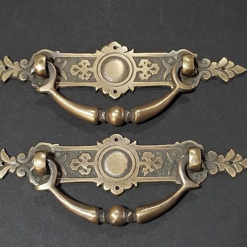 Set of 2 Large Brass Eastlake Victorian Antique Hardware Drawer Pull Knob Ring 