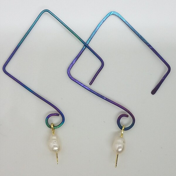 Threader Titanium Wire semi square earrings with freshwater pearl accent. New, Handmade & hypoallergenic Colored Purple Pink Blue Aqua