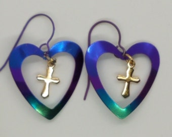 Niobium Heart w/ Cross Hoop earrings Religious anodized drop dangles hypoallergenic Sensitive Ear Light New Blue Purple Aqua Gift for Women