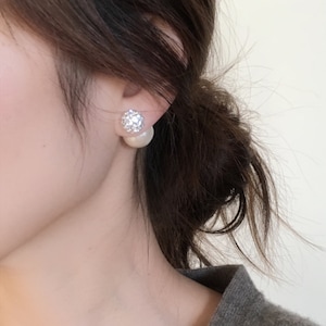 Cotton Pearl & Rhinestone sterling silver double earrings, wedding jewelry, Bridesmaid gift, sister gift, mother gift,=