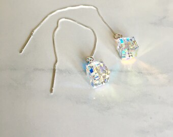 Brincos de fio Swarovski, brincos de corrente, brincos de fio para uso diário, presente para ela, joias minimalistas, presente para namorada.
