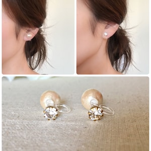 2 Way!  Clip on!  Pierced Look!  Shiny rhinestone and cotton Pearl double clip on earrings,bridesmaid gift, friends gift, wedding jewelry