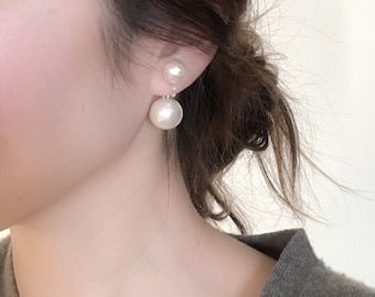 minimalist chuncky large cotton pearl stud earrings,Double beads,charm for her