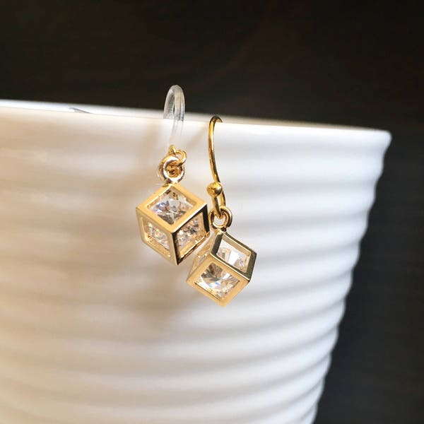 Gold Zircon square earrings, chain earrings, everyday jewelry, gift for her, minimal jewelry, girl friend gift,