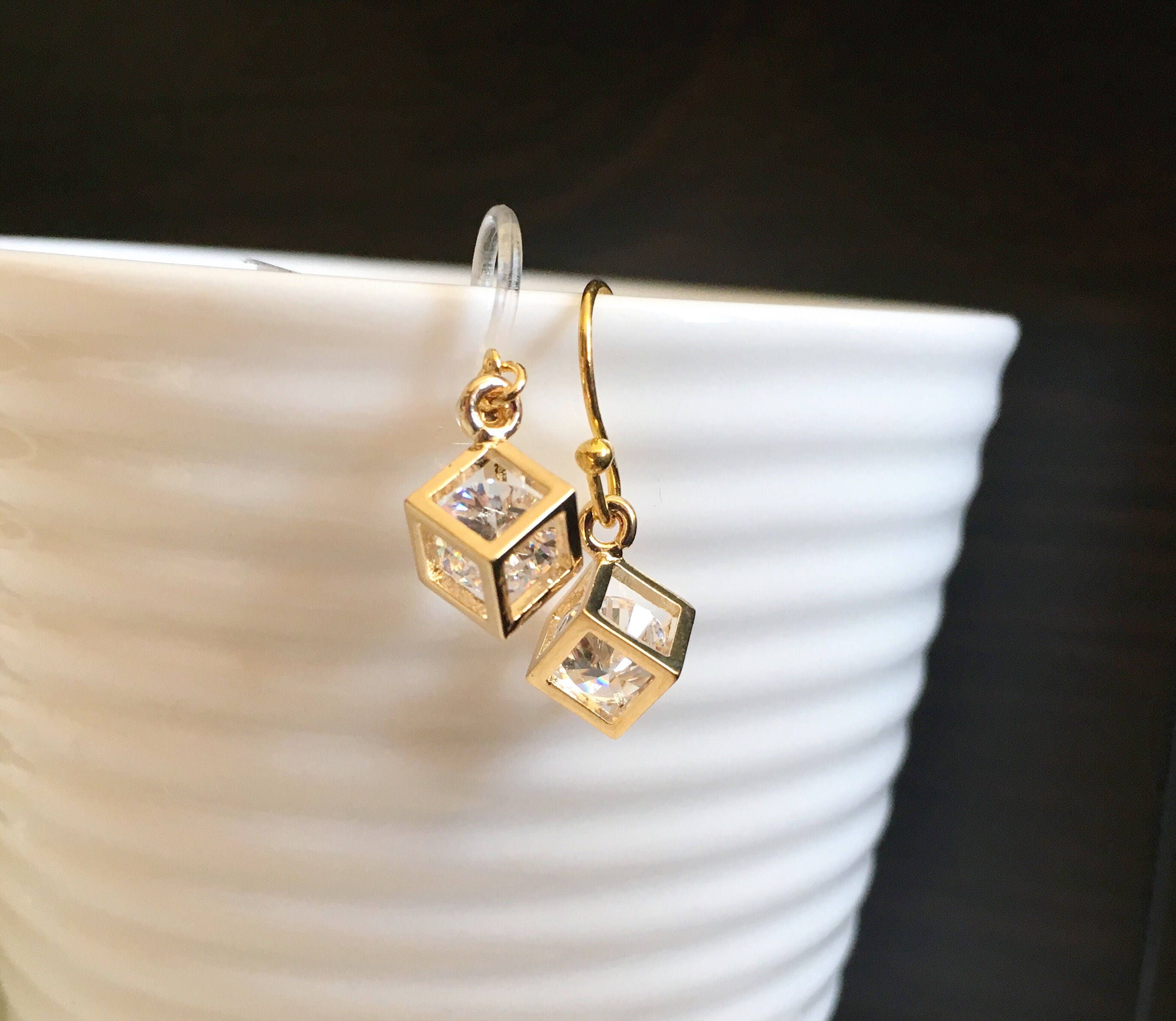 Gold Zircon square earrings, chain earrings, everyday jewelry, gift for her, minimal jewelry, girl friend gift,