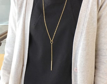 Minimal gold bar necklace, y shaped vertical long necklace, gift for her, minimalist, layering necklace