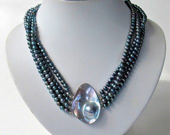 multi strands necklace big necklace Black and dark blue freshwater pearl necklace with crystal on invisible thread