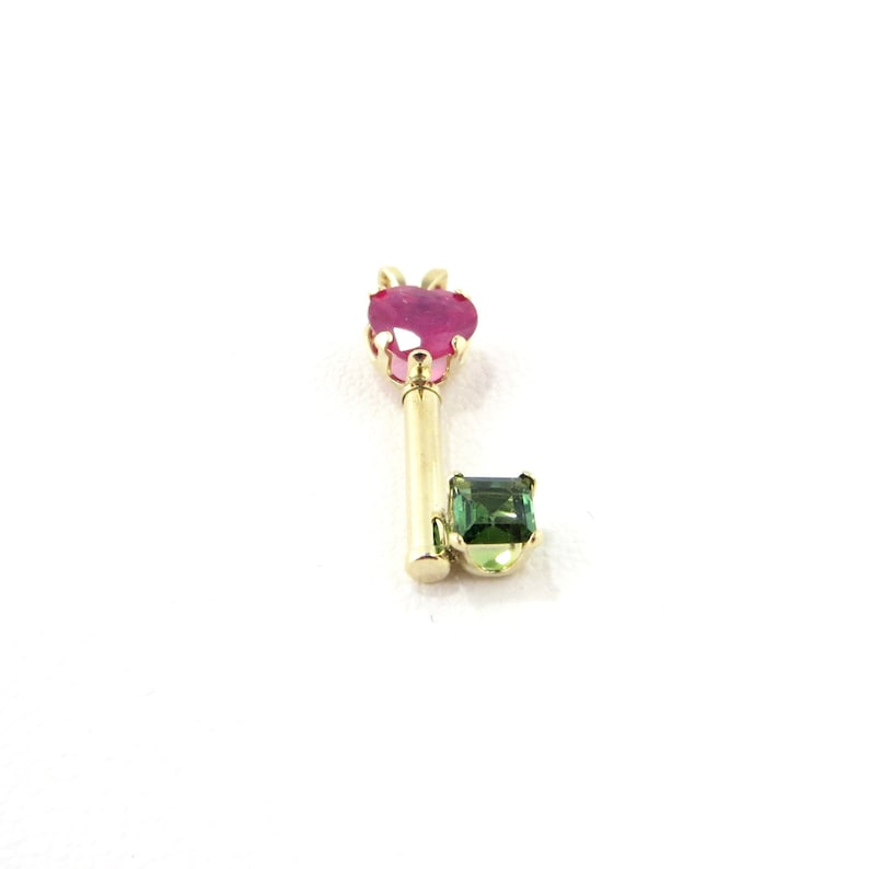 Genuine Red Ruby Heart With Green Tourmaline 14K Gold Key Pendant.