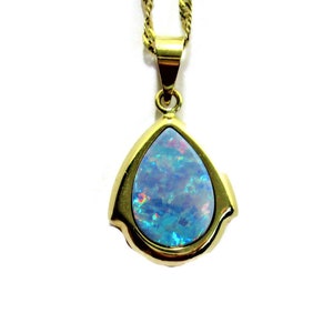 Black Pear- Shape Natural Opal 14K Solid Yellow Gold Pendant