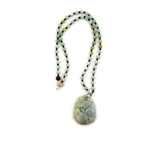 Chinese Jade Bead Necklace With Detachable Double Side Carved Silver Vintage Jade Pendant.