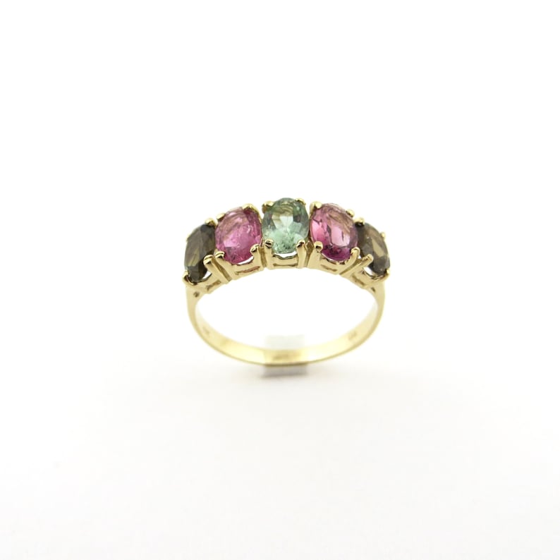 Genuine Natural Multicolor Tourmaline 14K Yellow Gold Anniversary Wedding Oct birthstone band.