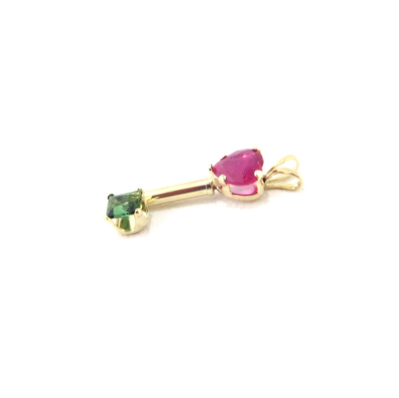Genuine Red Ruby Heart With Green Tourmaline 14K Gold Key Pendant.