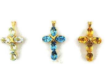Natural Gemstones (Blue Topaz, Cirtrine, Aquamarine) 14K Yellow Gold Cross Pendant