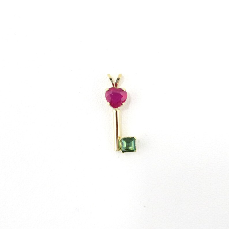 Genuine Red Ruby Heart With Green Tourmaline 14K Gold Key Pendant.