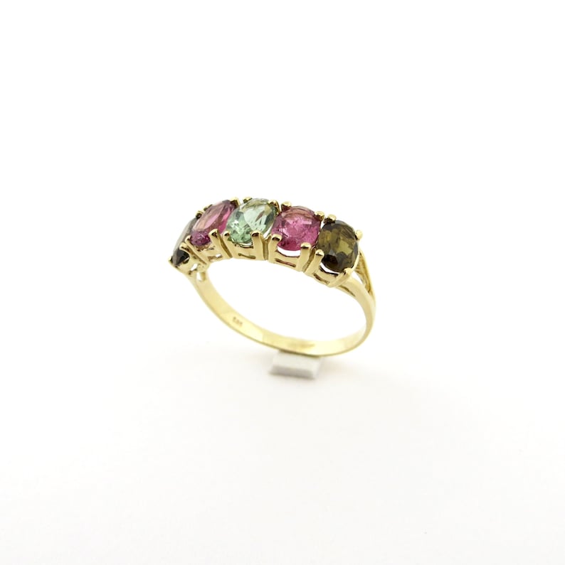 Genuine Natural Multicolor Tourmaline 14K Yellow Gold Anniversary Wedding Oct birthstone band.