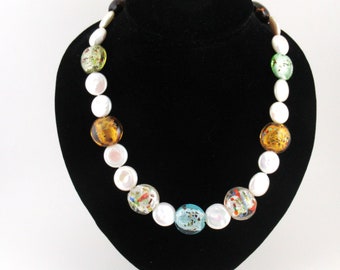 Freshwater Coin Pearl with  Multi- colour Hand- blown Murano Glass Beads Necklace