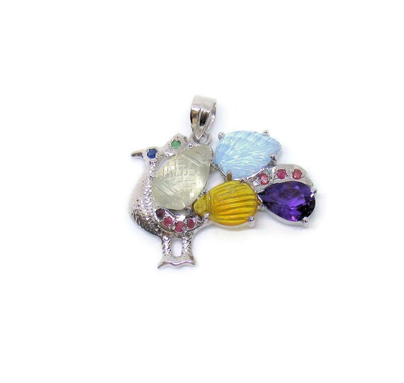 Natural Multi Gemstone Hand carved Peacock Art De… - image 2