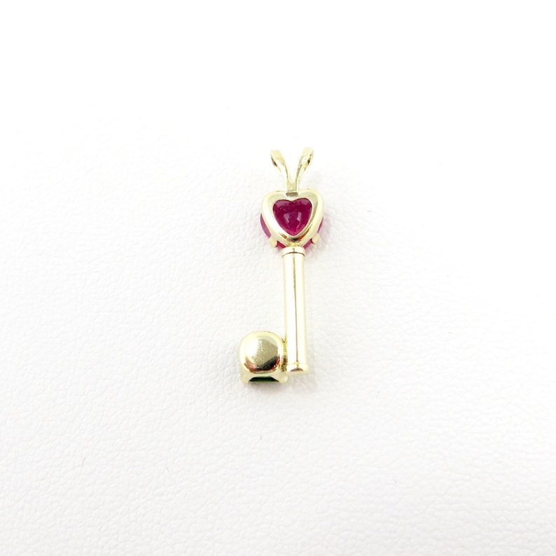 Genuine Red Ruby Heart With Green Tourmaline 14K Gold Key Pendant.