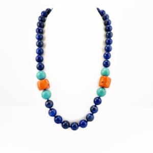 Large 12.5mm  Lapis Lazuli,Large Tibetan Coral, and 14mm Chinese Turquoise necklace