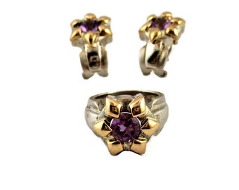 Natural Amethyst 925 Silver & 14K Yellow Gold Flower omega Earring and Ring Sets
