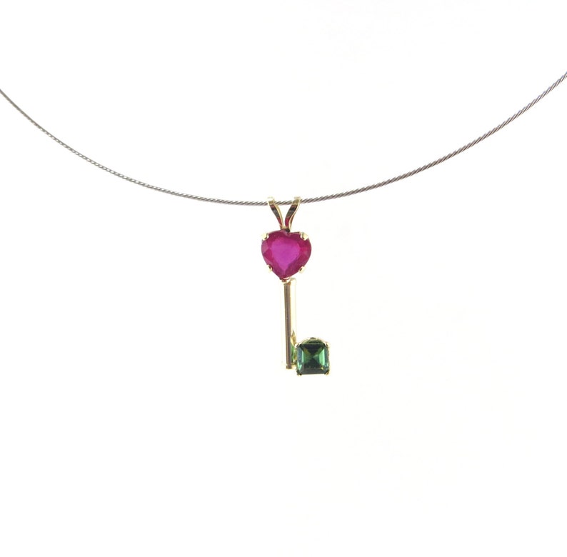 Genuine Red Ruby Heart With Green Tourmaline 14K Gold Key Pendant.