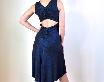 Blue, black or bordeaux glitter shiny tango dress with back slit