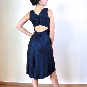 Blue, black or bordeaux glitter shiny tango dress with back slit