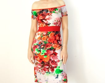 Off shoulder tango dress grey with red roses