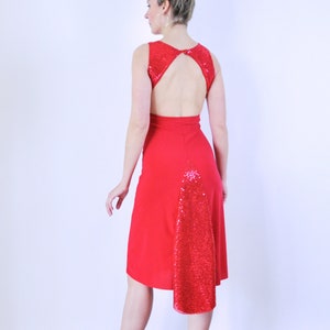 Red sequin tango dance dress, open back dress tail, ballroom dance dress, red sparkling dress