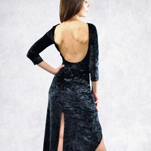 Sexy long tango dress velvet with slits, ballroom dance dress, long dance velvet dress, open back dress, tango dance costume