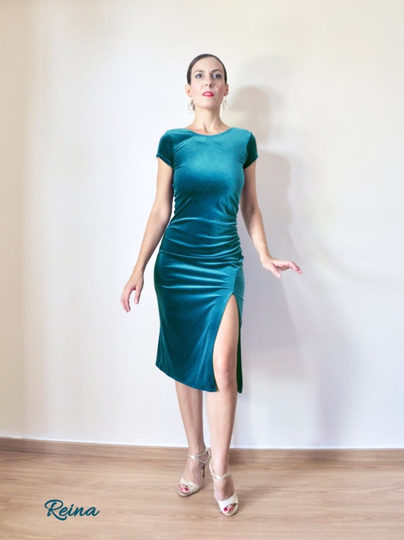 green emerald velvet dress Red Metallic One-Shoulder Tango Dress With Side Slit main image 1