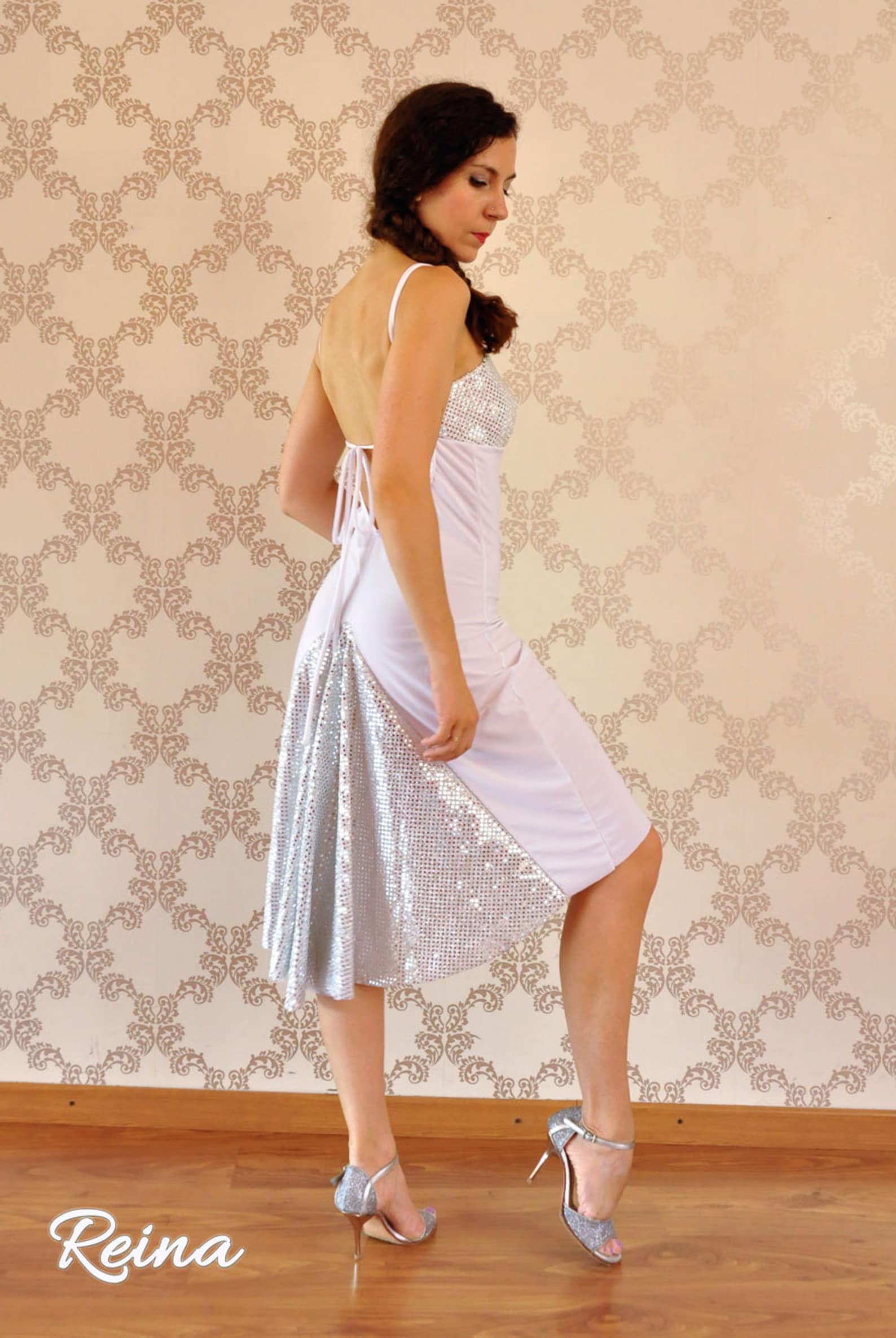 White and Silver or Black Tango Dress With Tail - Etsy