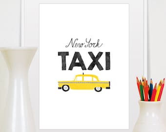 New York City, New York Taxi, Car Prints, Mid Century Modern Art, Yellow Taxi, Car Illustration, Nursery Art, New York Print, wall art