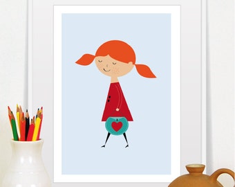 girl print, baby girl nursery art, nursery decor, girl illustration, redhead girl, freckles, wall art, baby girl gift, mid century modern