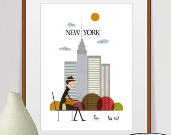 New York Wall Art Watercolor Painting Print Pigeon Feeding NY Skylin Retro City Print Urban Buildings Poster Souvenir Traveler Gift Idea USA